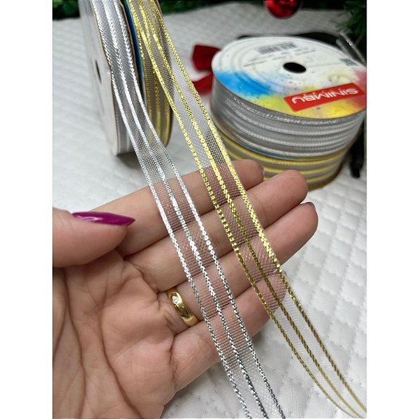 Coleção Natal: Fita Sinimbu Organza Branco com Listras 10mm - Metro dourado