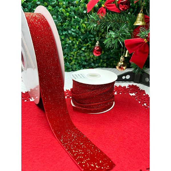 Fita de Veludo com Glitter Vermelho - Metro 38mm-N9