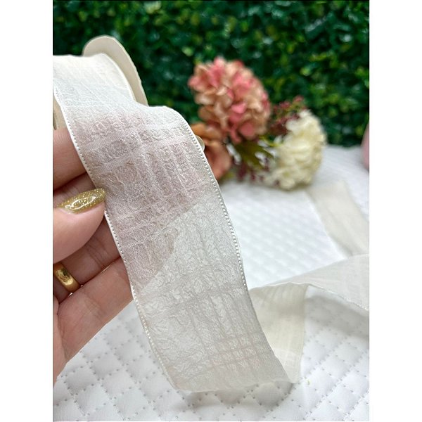 Fita de Organza com Detalhes em Xadrez 38mm Branco - Metro