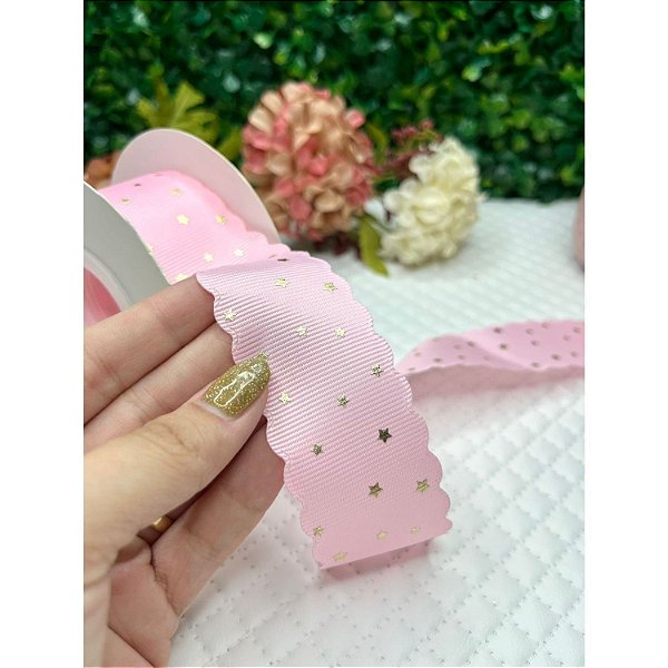Fita de Gorgorão Mili com Borda Ondulada e Estrelinhas 38mm Rosa Bebê - Metro