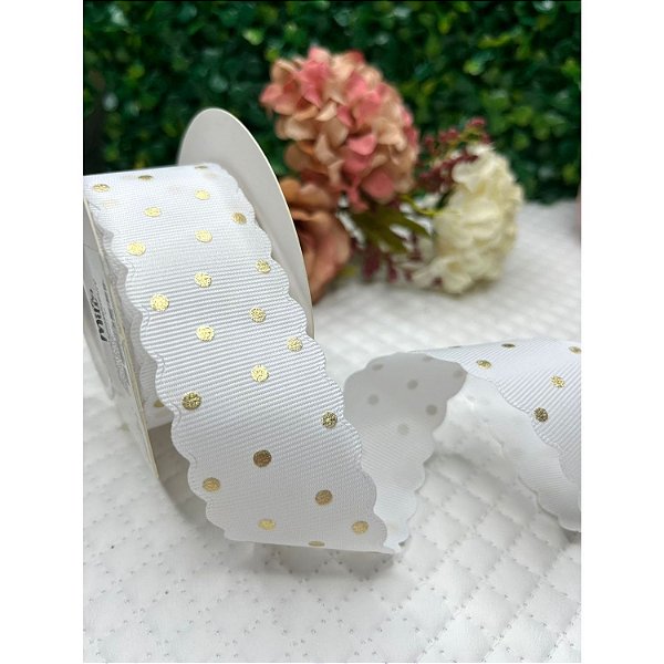 Fita de Gorgorão Mili com Borda Ondulada e Poá Dourado 38mm Branco - Metro