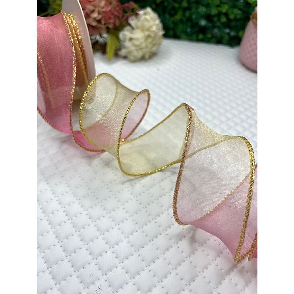 Fita de Organza com Borda Dourada Degradê Rosa 38mm - Metro