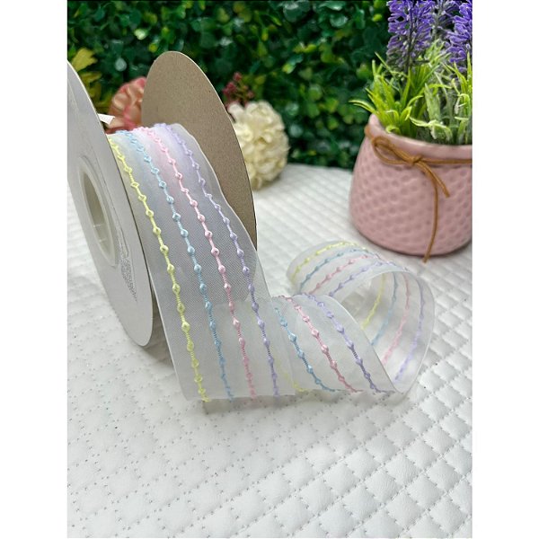 Fita Importada Organza com Pompom Candy 38mm - Metro