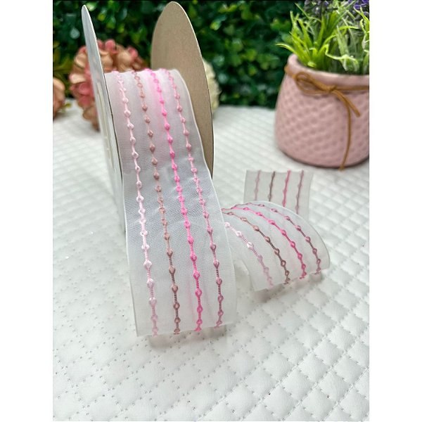 Fita Importada Organza com Pompom Rosa 38mm - Metro