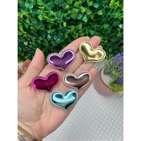 Aplique Coração Almofadado e Metalizado - Unidade pink