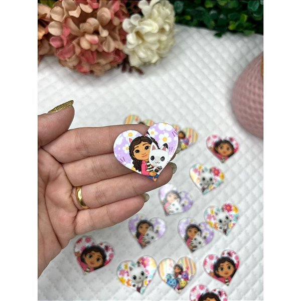 Aplique de Acrílico Coração Gabby e Pandy - Unidade