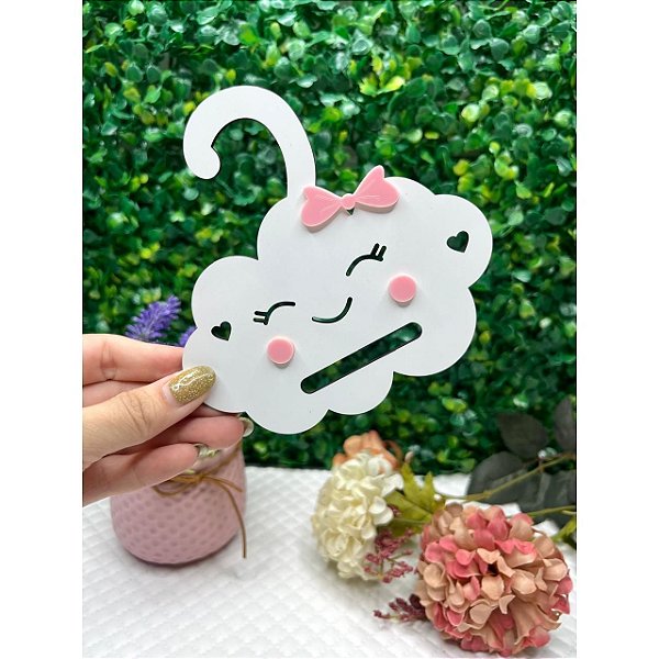 Cabide Porta Laço em MDF Nuvem c/ 1 Furo Branco com Rosa Bebê - Unidade