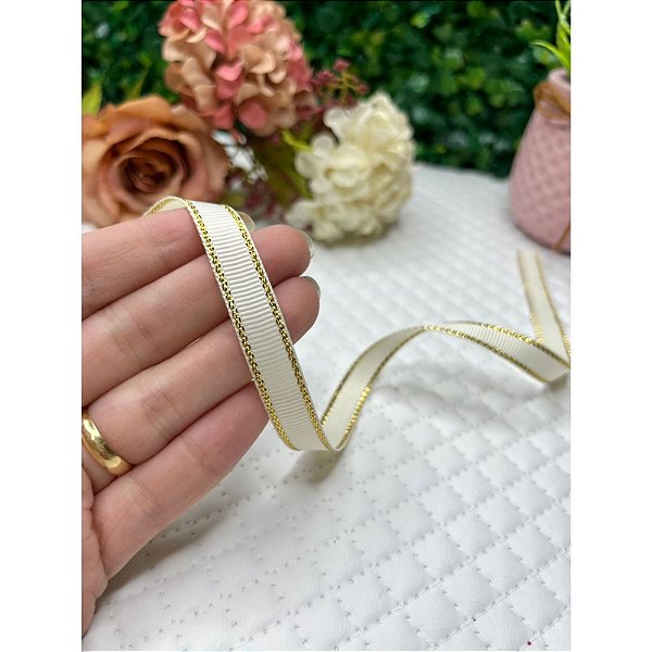 Fita Mili de Gorgorão com Borda Dourada 10mm Off White (Cor 028) 1 metro