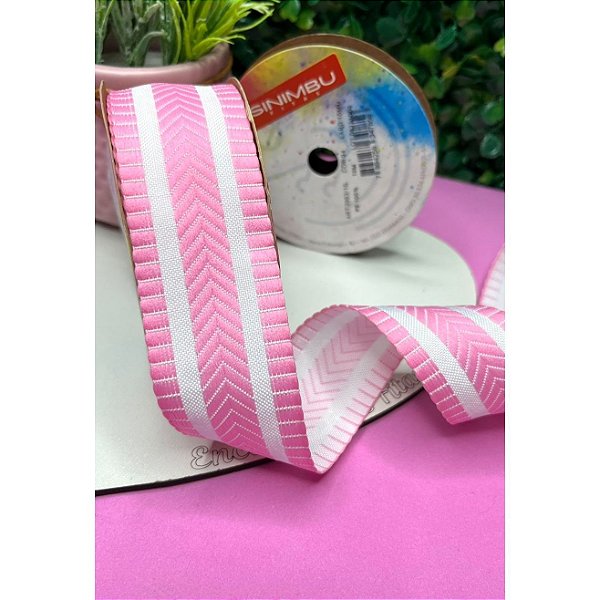 Fita Sinimbu Decorada 38mm Rosa com Branco - Metro