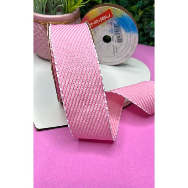 Fita Sinimbu Decorada 38mm Rosa com Borda Branca - Metro