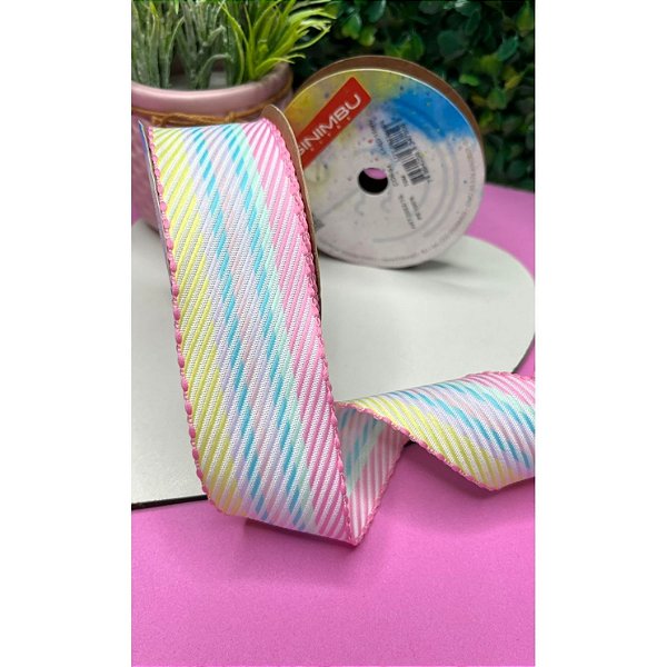 Fita Sinimbu Decorada 38mm Candy Colors com Borda Rosa - Metro