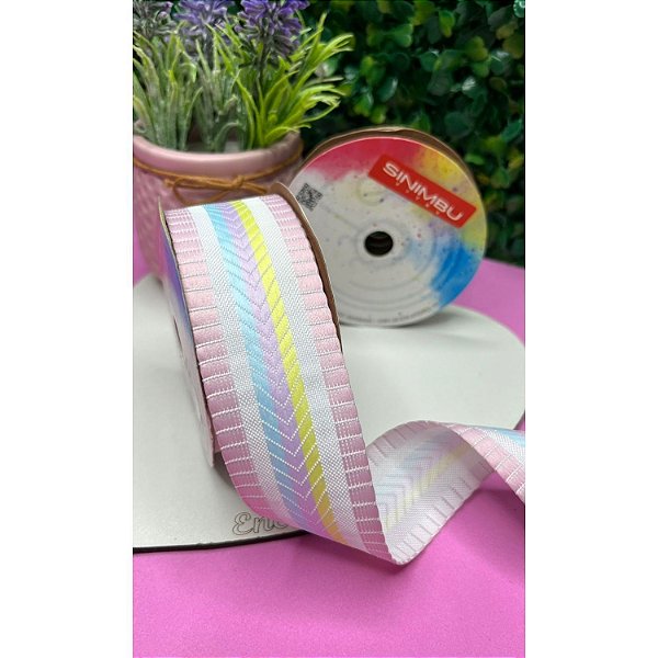 Fita Sinimbu Decorada 38mm Rosa com Listrado Candy Colors - Metro