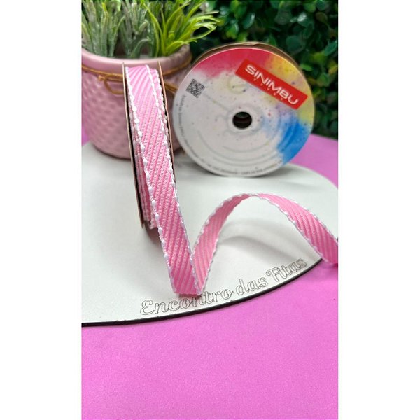 Fita Sinimbu Decorada 10mm Rosa com Borda Branca - Metro