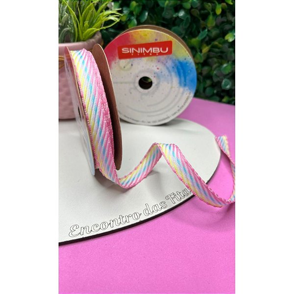 Fita Sinimbu Decorada 10mm Candy Colors com Borda Rosa - Metro
