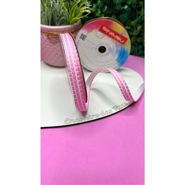 Fita Sinimbu Decorada 10mm Rosa com Branco - Metro