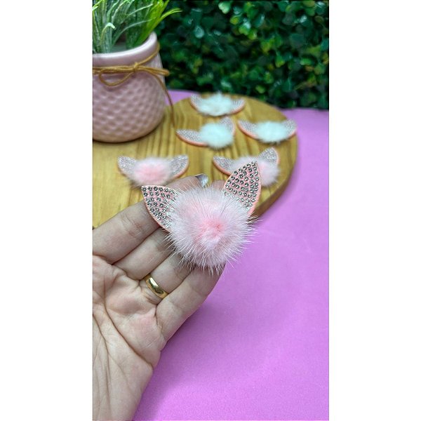Aplique Orelha de Coelho com Pompom Rosa e Strass - Unidade