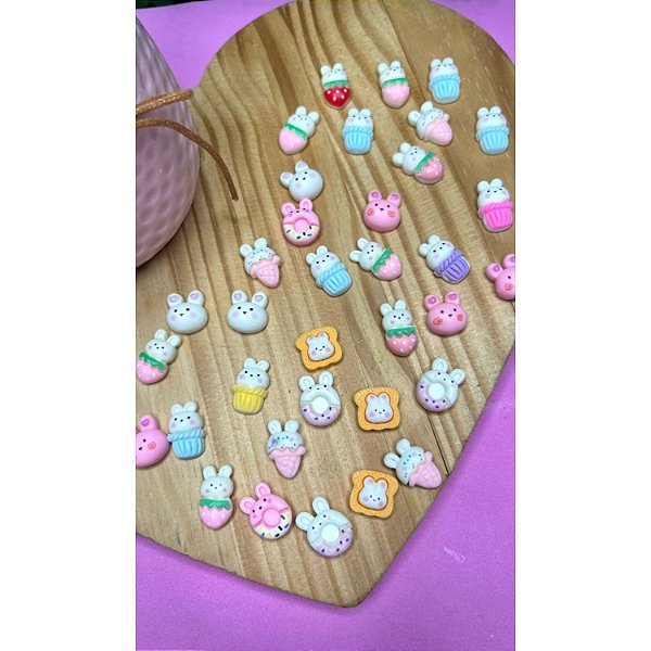 Aplique de Resina Mini Coelhos Diversos - 6 unidades misto