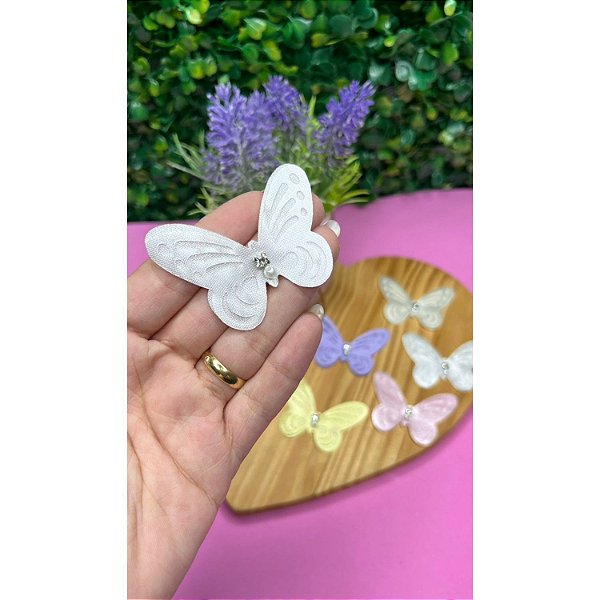 Borboleta de Voal com Strass e Pérola - Unidade rosa bebe