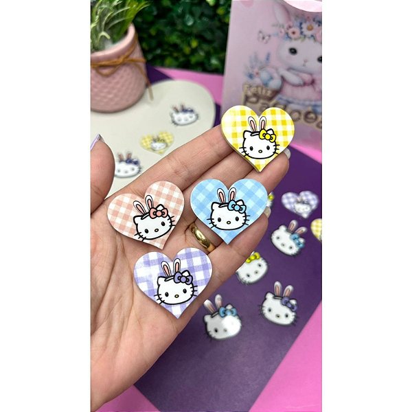 Aplique de Acrílico Coração Xadrez Hello Kitty Coelha - Unidade rosa bebe