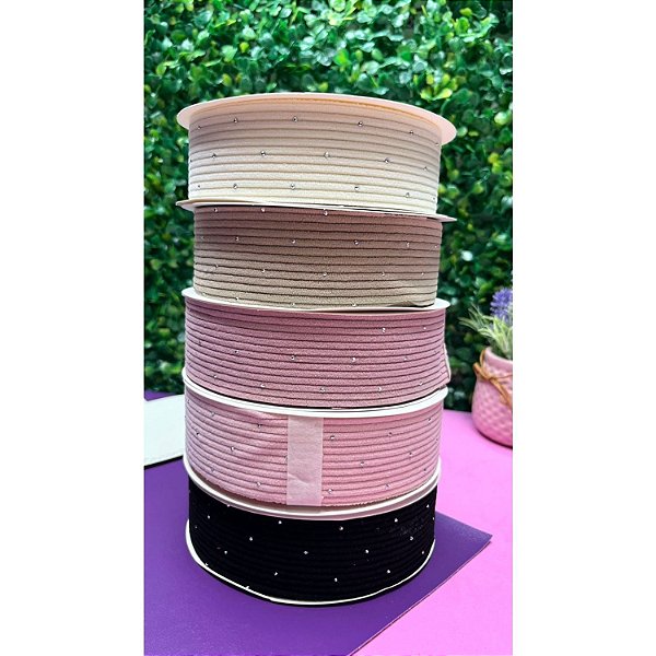 Fita Importada Veludo Cotelê com Strass 38mm - Metro off white