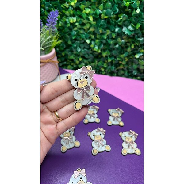 Aplique de Acrílico Urso com Lacinhos Rosê - Unidade
