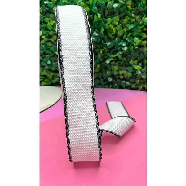 Fita Importada Tweed 38mm Branco com Borda Preta - Metro
