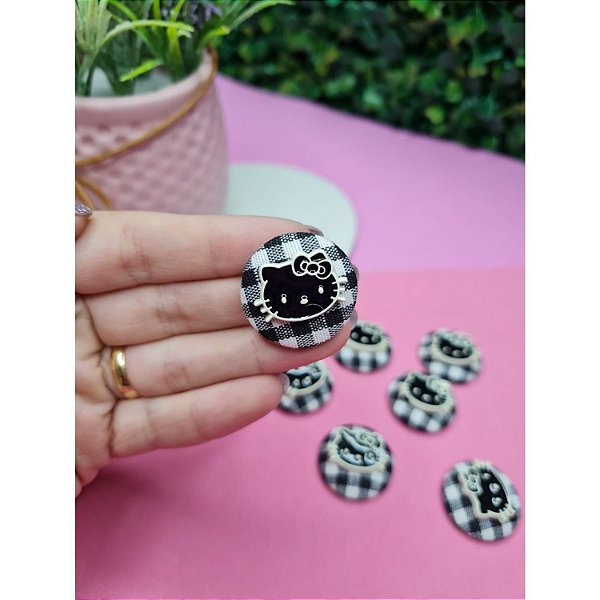 Aplique de Tecido Redondo Xadrez Preto com Hello Kitty - Unidade