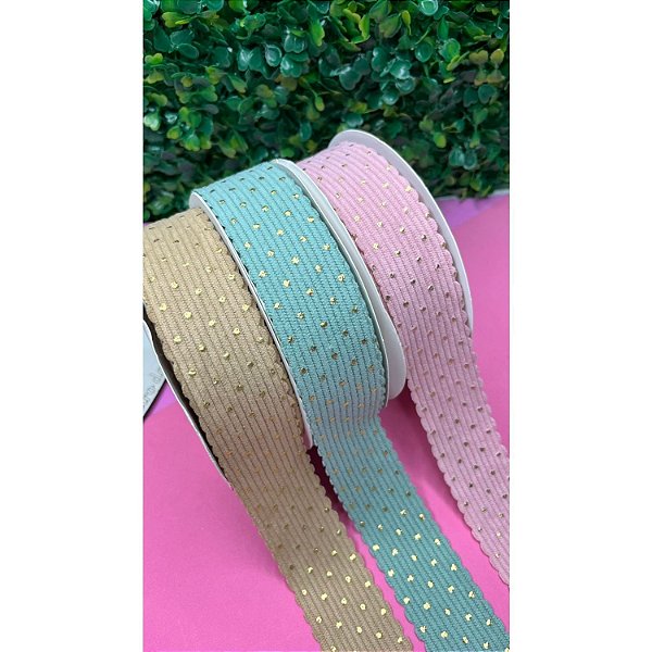 Fita de Cotelê com Poá Dourado - Metro rosa bebe