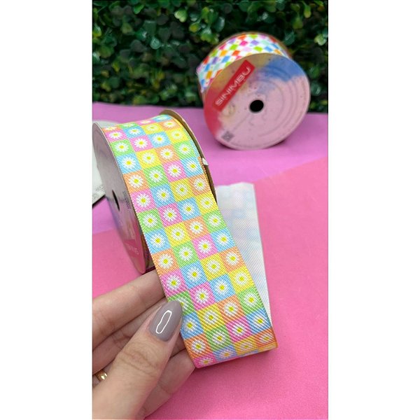 Fita Sinimbu 38mm Festa Junina Estampada Quadriculada Girassol - Metro