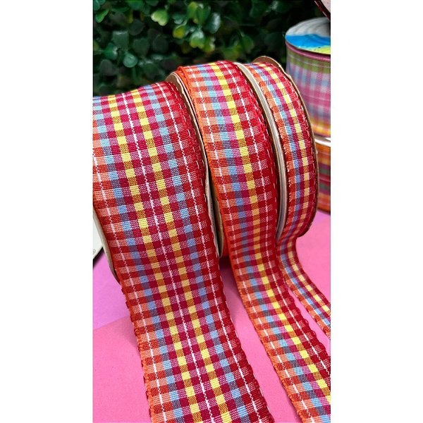 Fita Sinimbu Xadrez Colorido com Vermelho - Metro 22mm-N5