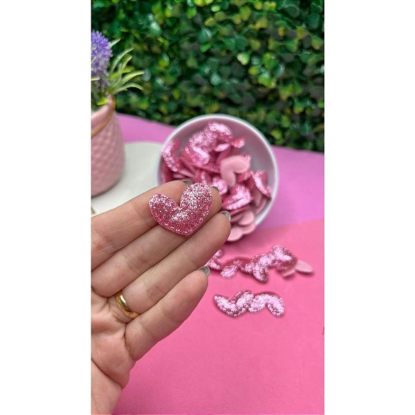 Aplique de Glitter Mini Coração com Pesponto - Pink - Unidade