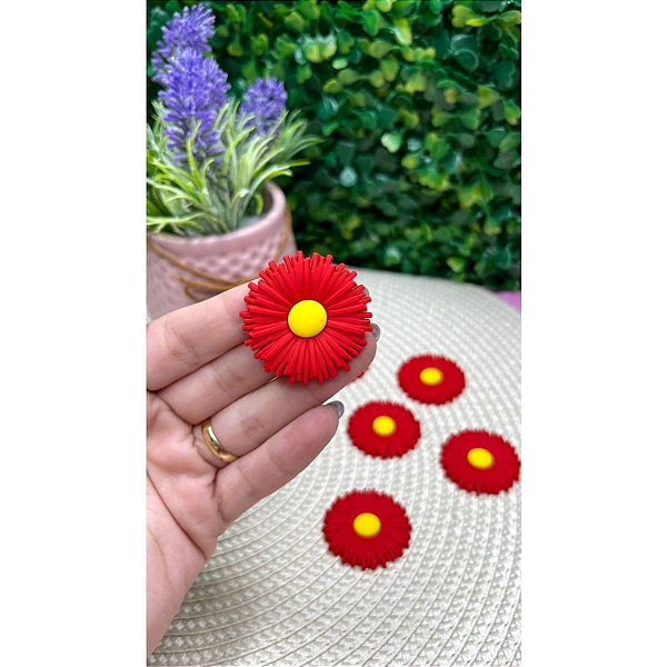 Aplique Emborrachado Flor Estilo Margarida Vermelho com Amarelo - Unidade
