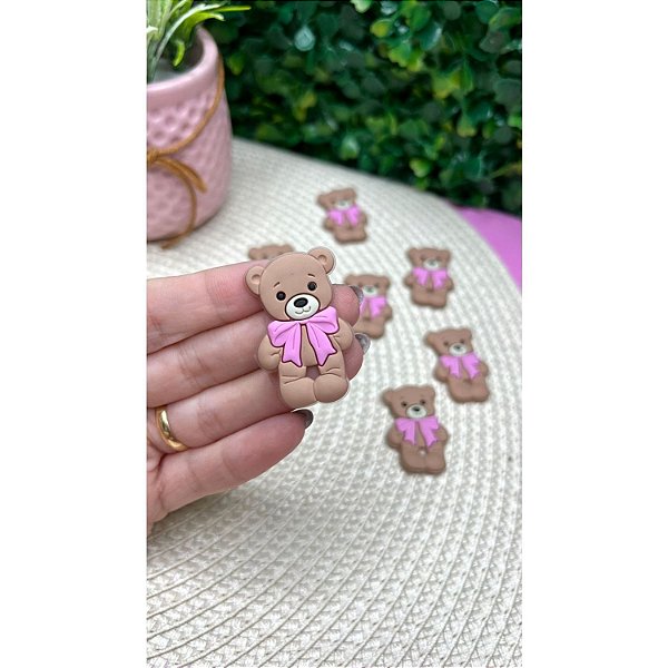 Aplique Emborrachado Ursinha com Laço Rosa - Unidade