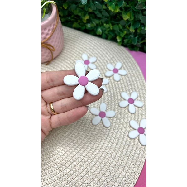 Aplique Emborrachado Flor com Pontilhado Branco com Rosa - Unidade