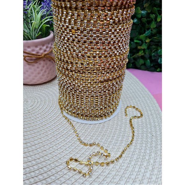 Corrente de Strass SS12 2.6mm Dourado - Metro