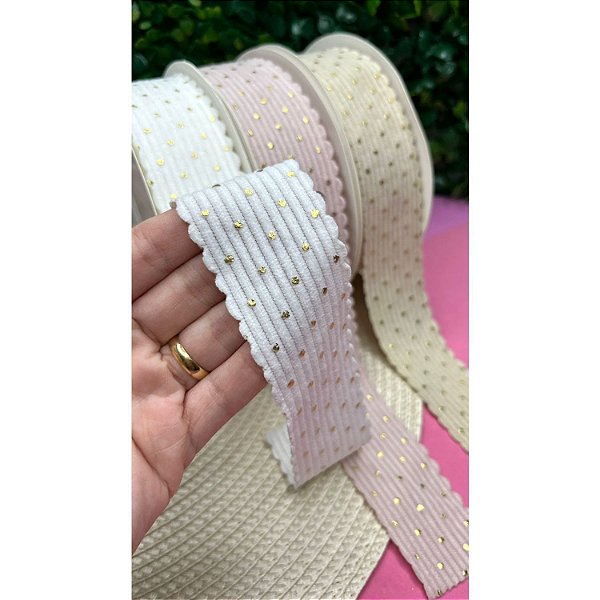 Fita de Cotelê com Poá Dourado 38mm - Metro Rosê
