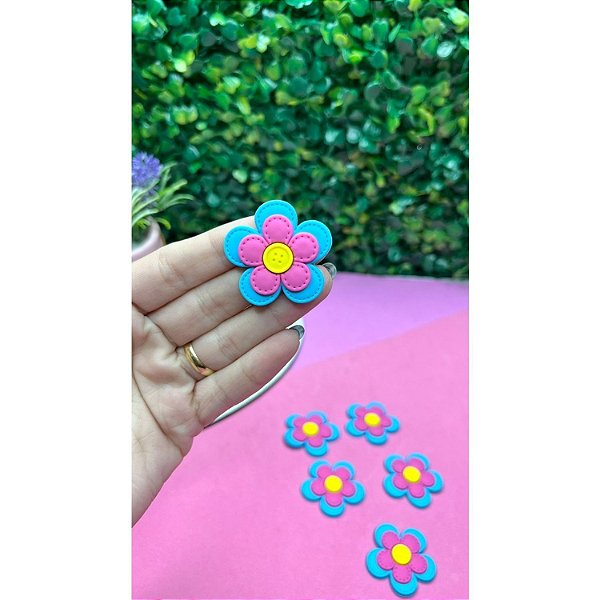 Aplique Emborrachado Flor com Botão Azul com Rosa - Unidade