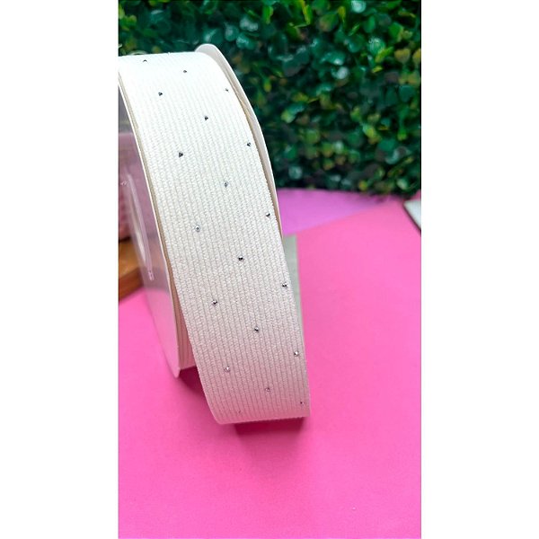Fita de Cotelê com Strass 38mm Off White - Metro