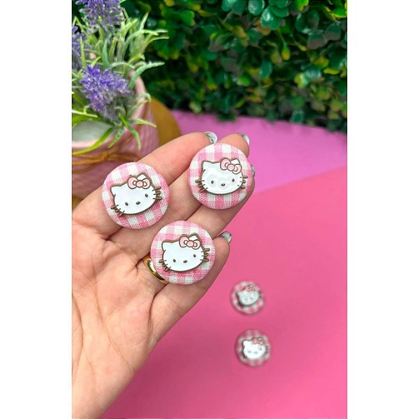 Aplique de Tecido Redondo Xadrez Rosa com Hello Kitty - Unidade