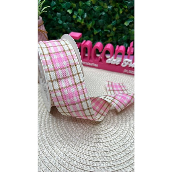 Fita Importada Mili 38mm Xadrez Largo Rosa com Marrom - Metro