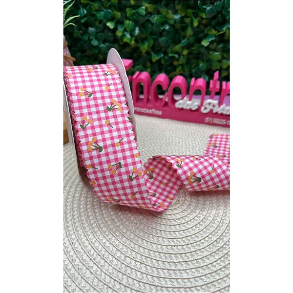 Fita Importada Mili 38mm Xadrez Rosa com Cereja - Metro