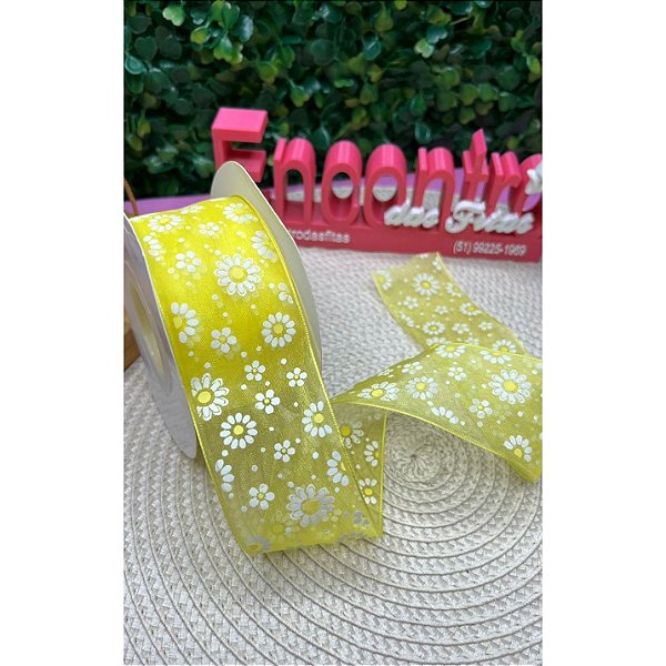 Fita de Organza 38mm com Estampa de Margarida Amarelo - Metro