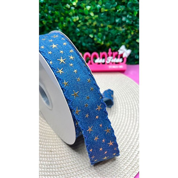 Fita Importada Jeans Escuro com Estrela Dourada 38mm - Metro