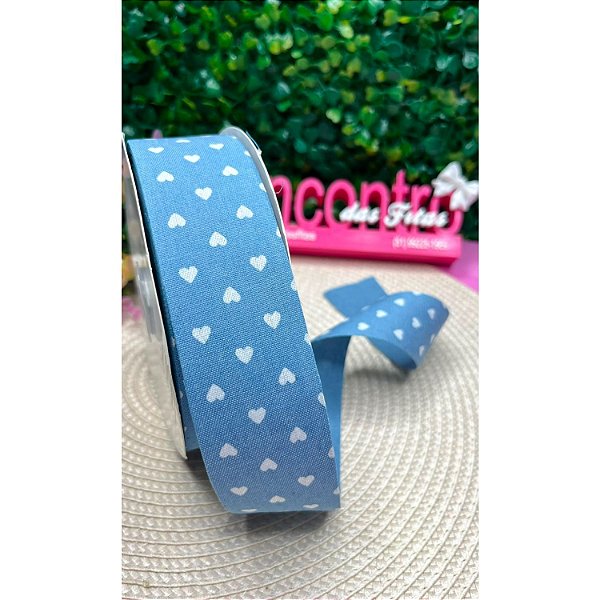 Fita Linho Azul com Coração 38mm - Metro