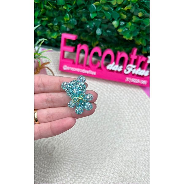 Aplique Ursinho Cravejado Glitter Azul - Unidade