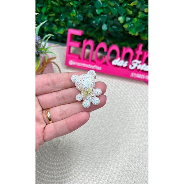 Aplique Ursinho Cravejado Glitter Branco - Unidade