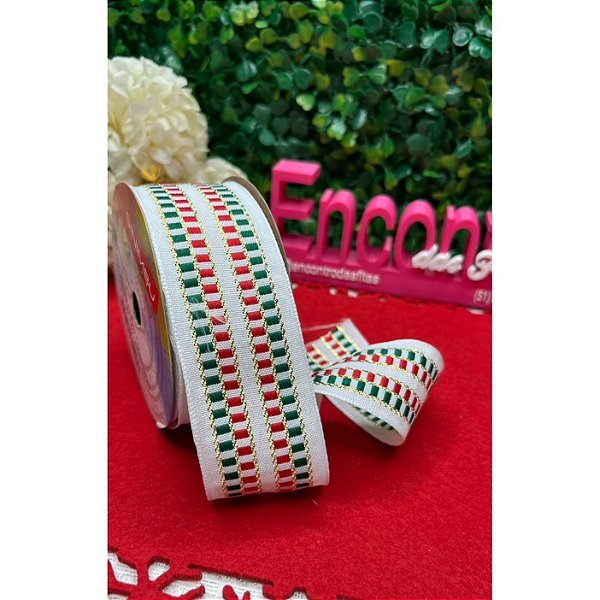Coleção Natal: Fita Sinimbu 38mm Branco com Quadriculado Verde e Vermelho- Metro