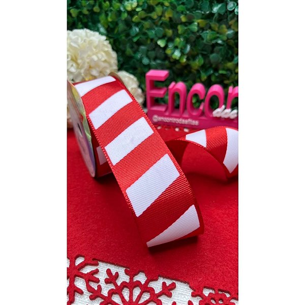 Coleção Natal: Fita Sinimbu 38mm Gorgorão Listrado Branco e Vermelho - Metro