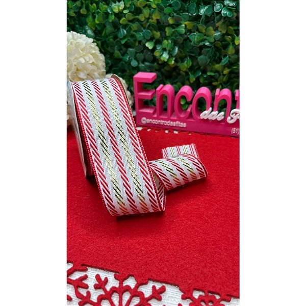 Coleção Natal: Fita Sinimbu 38mm Branco com Listra Dourada e Vermelha - Metro
