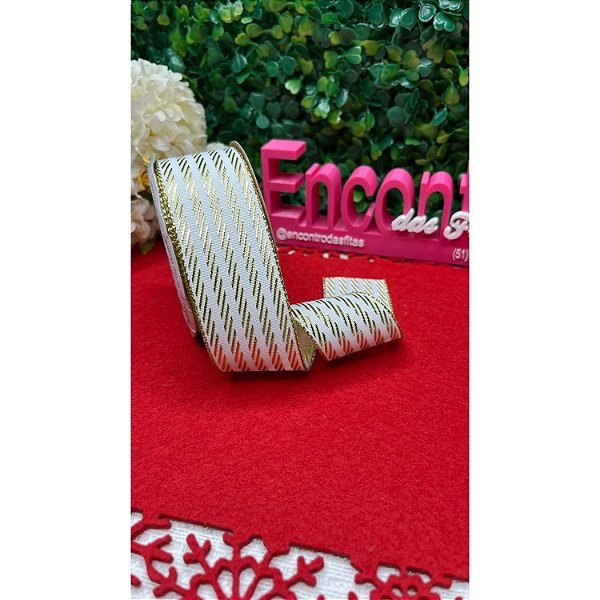 Coleção Natal: Fita Sinimbu 38mm Branco com Listra Dourada - Metro